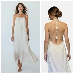 New Terzo Millennio Women’s Cream 100% linen Halter Maxi Dress with Open Back